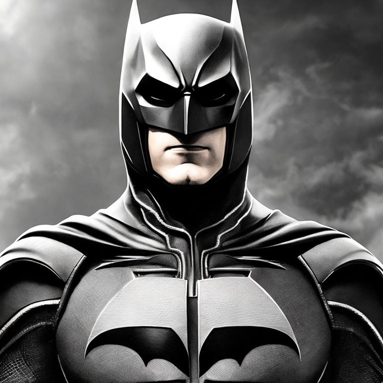 Detailed Close-Up of Batman in Black Suit and Cowl on Cloudy Sky