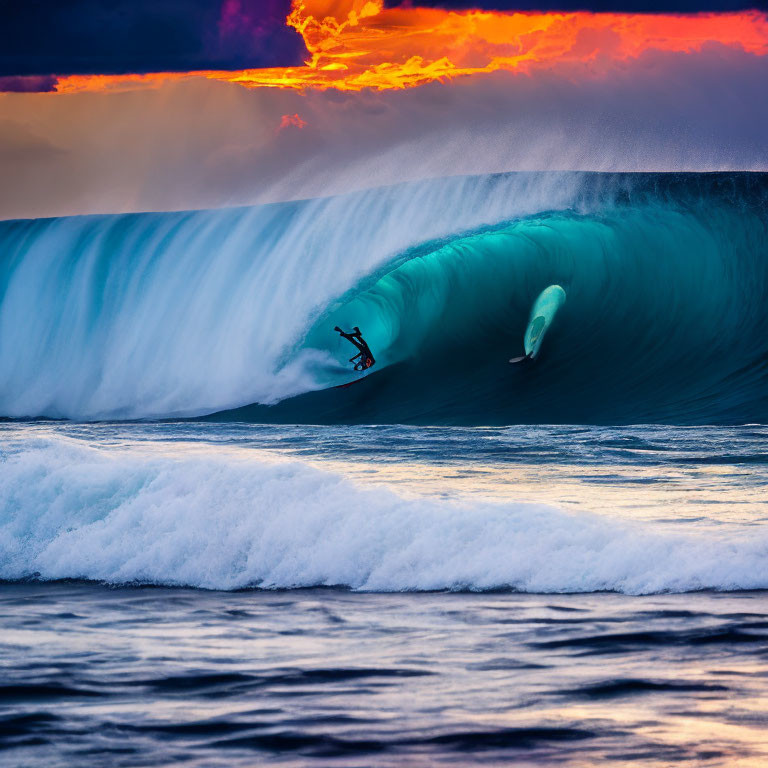 Surfers riding massive waves at sunset with wipeout scene