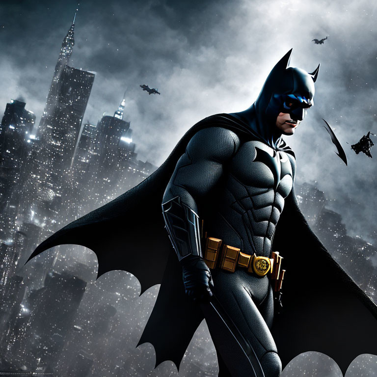 Superhero in Black Bat Costume in Dark Cityscape