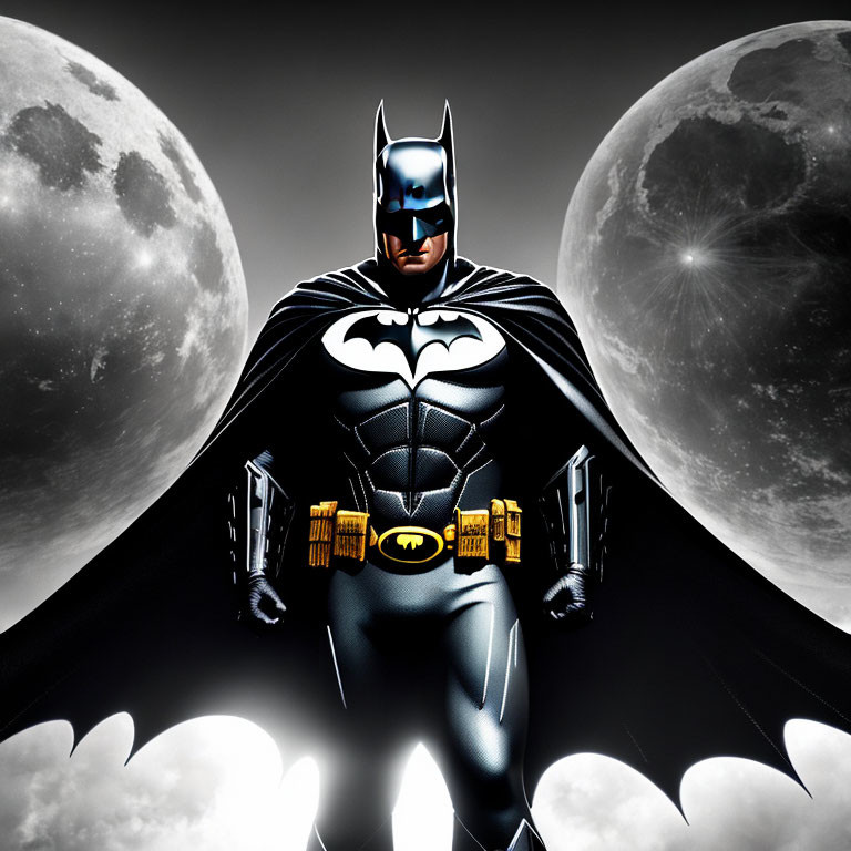 Iconic Batman in heroic pose under two moons.