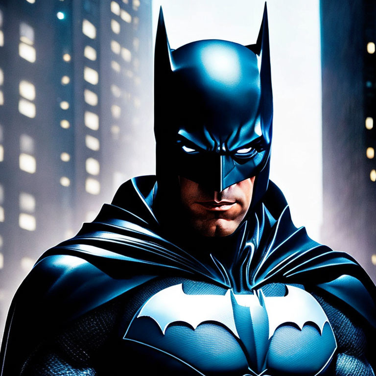 Person in Batman costume with cowl, cape, emblem against city nightscape