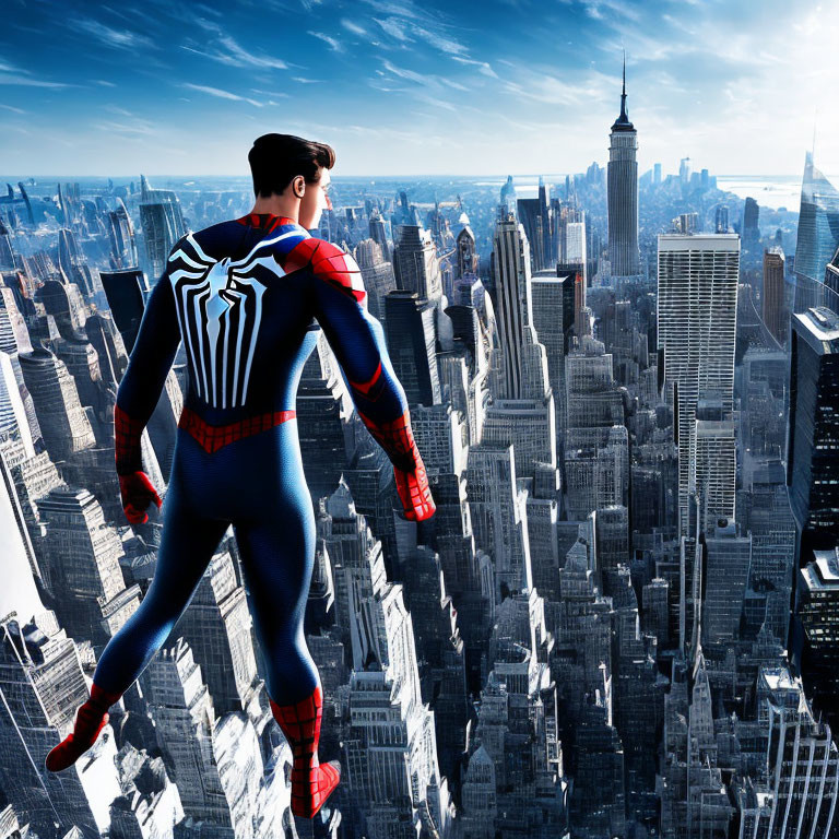 Superhero in Spider Costume overlooking Cityscape