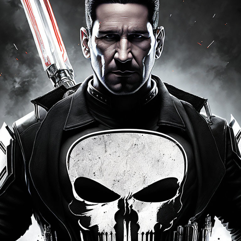 Character in Punisher logo suit with glowing red lightsaber