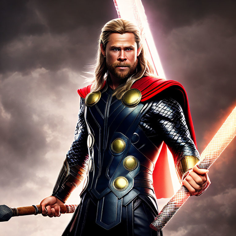 Blonde superhero in cape and armor with hammer and lightning