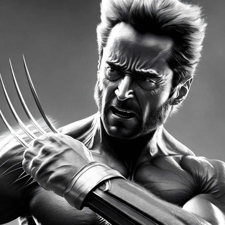 Monochrome artistic portrayal of Wolverine with adamantium claws