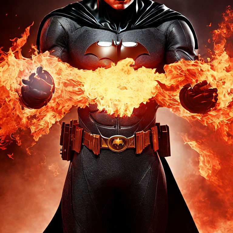 Superhero in Black Costume with Fire Hands and Bat Emblem