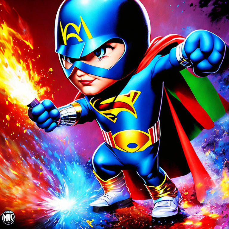 Superhero toddler in blue costume flying in cosmic backdrop