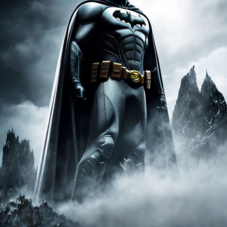 Mysterious Batman figure in costume surrounded by mist and mountains