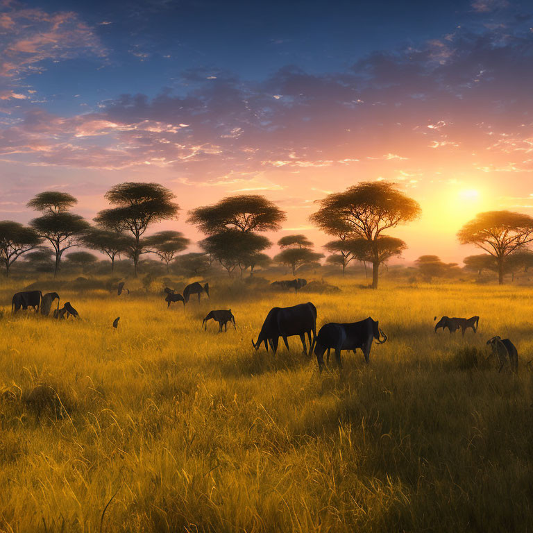 African Savanna Sunset: Wildebeest Herd and Acacia Trees