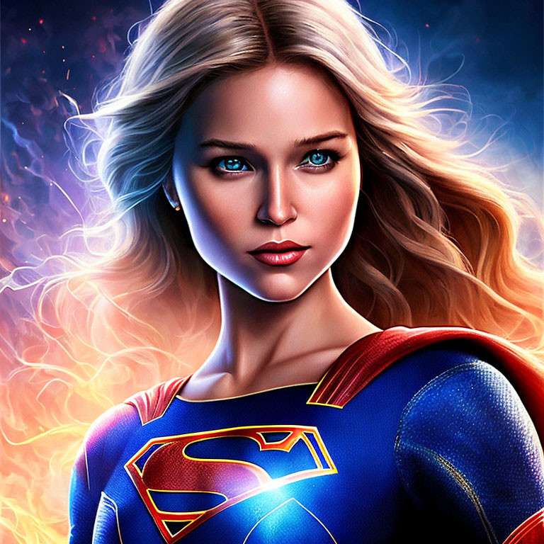 Blonde Woman in Blue and Red Superhero Costume with 'S' Emblem