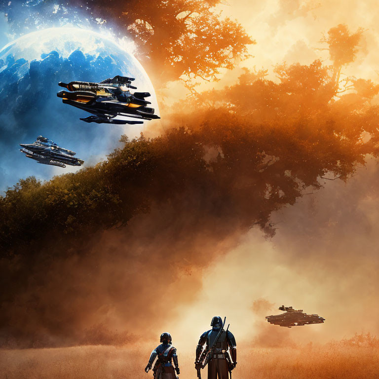 Armored figures on dusty terrain with flying spaceships and large planet