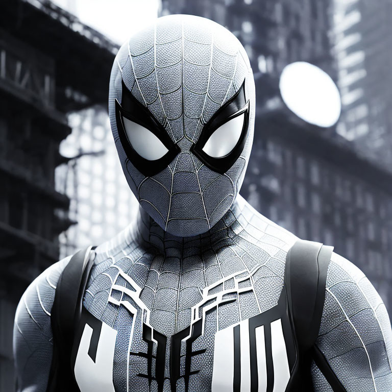 Spider-Man costume with black and white details in urban setting