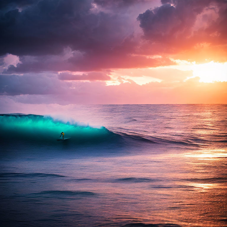 Surfer Riding Large Turquoise Wave at Vibrant Sunset