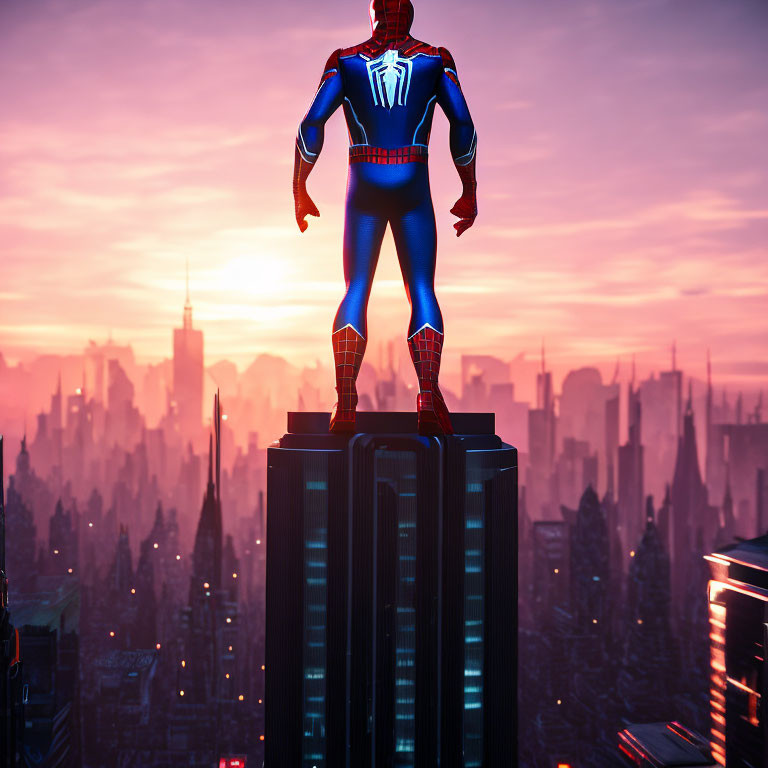 Person in Spider-Man Costume Overlooks City Skyline at Sunrise or Sunset