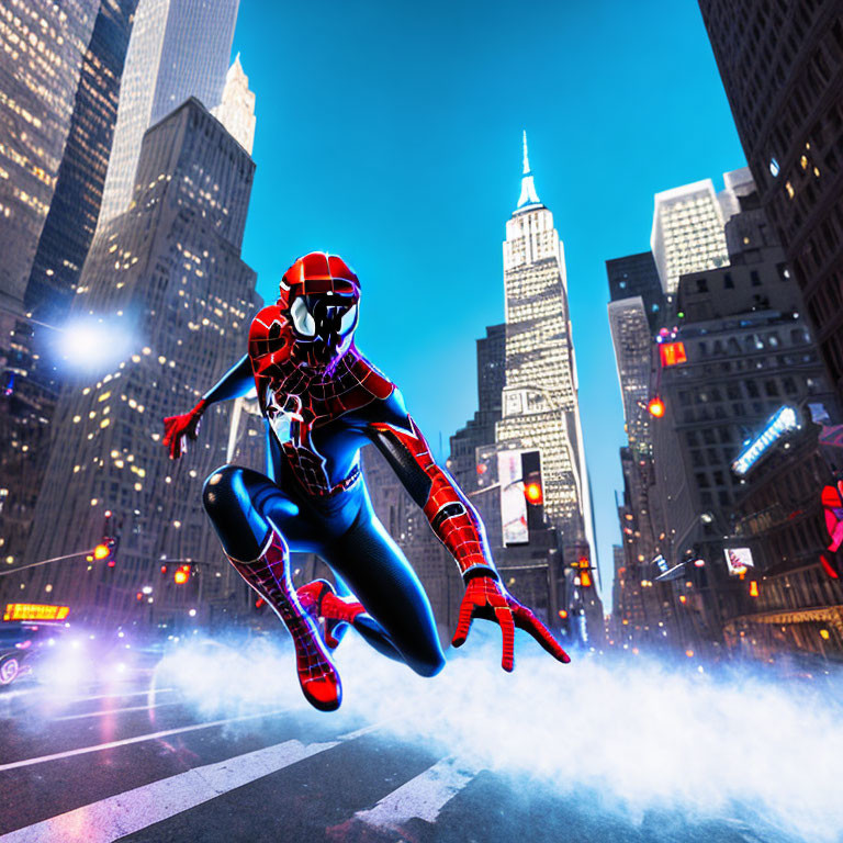 Person in Spider-Man costume poses above New York City street with skyscrapers.