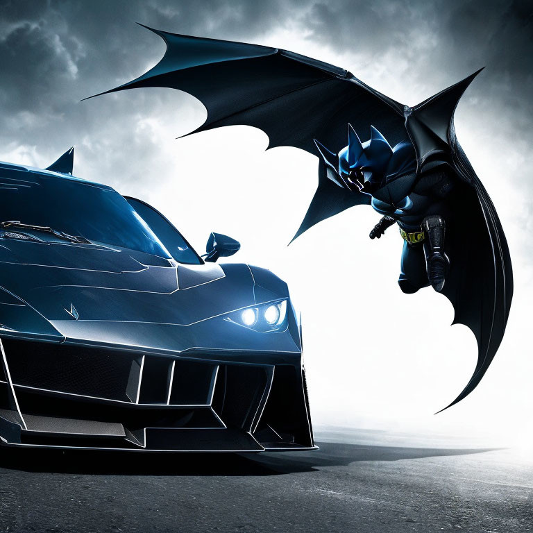 Person in Batman costume next to bat-themed sports car under dramatic sky