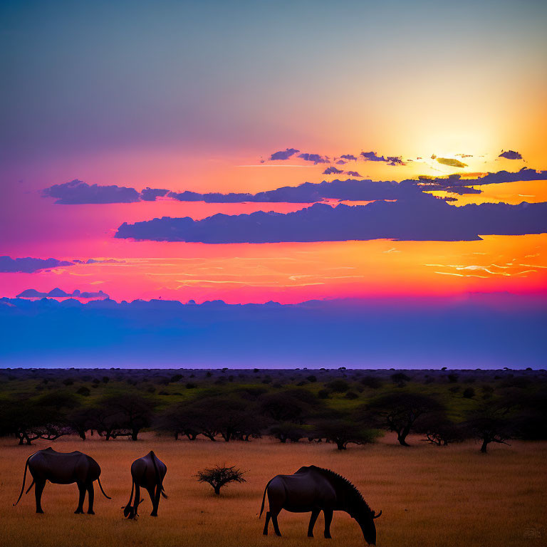 Elephants grazing in savannah under vibrant sunset with layered clouds