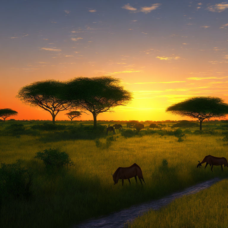 Sunset savanna landscape with silhouetted trees and grazing antelopes in vibrant orange sky