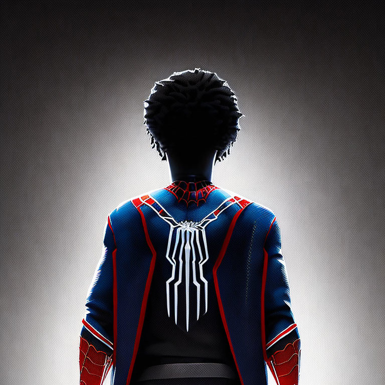 Person in Spider-Man suit with red, blue, black design and white spider emblem on gradient background