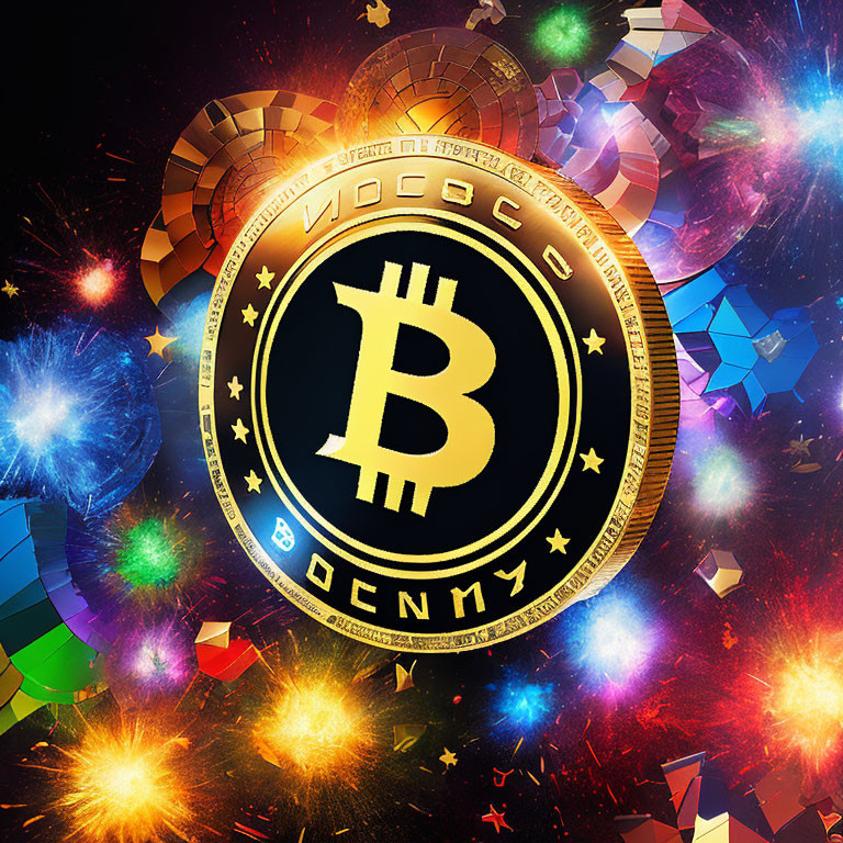 Colorful Bitcoin token surrounded by dynamic lights and shards on dark background