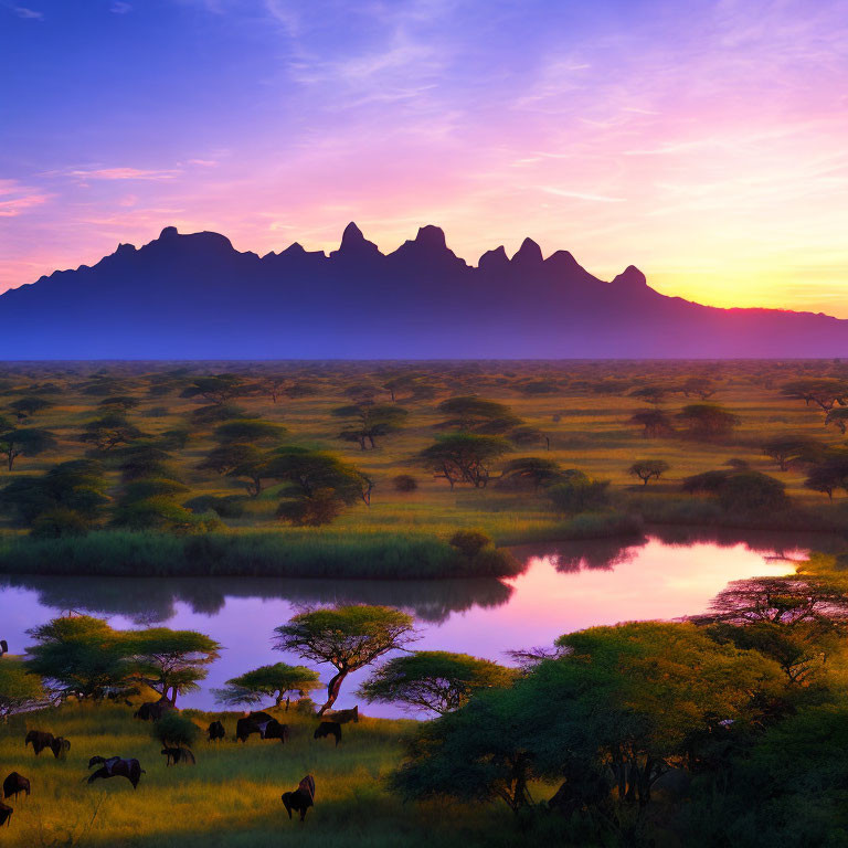 Vibrant sunset over serene savanna with river, wildlife, and trees