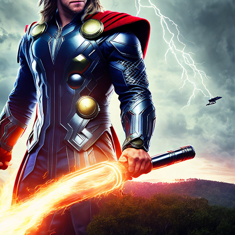 Armored superhero with red cape wields energy hammer under dramatic sky