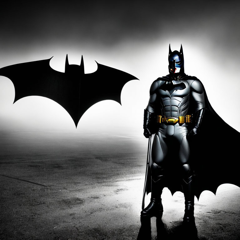 Person in Batman costume in dimly lit setting with Bat symbol in background