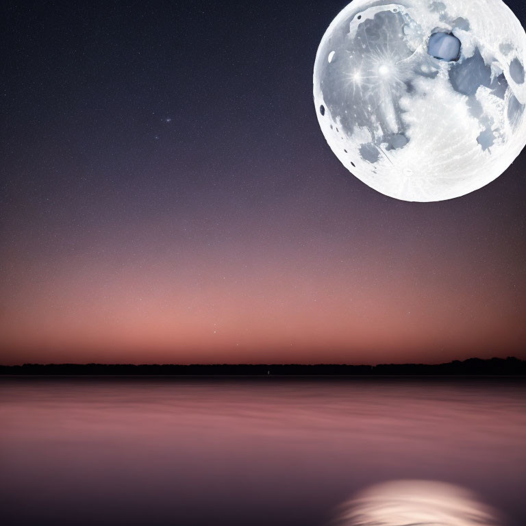 Detailed Moon Over Tranquil Water in Twilight Nightscape