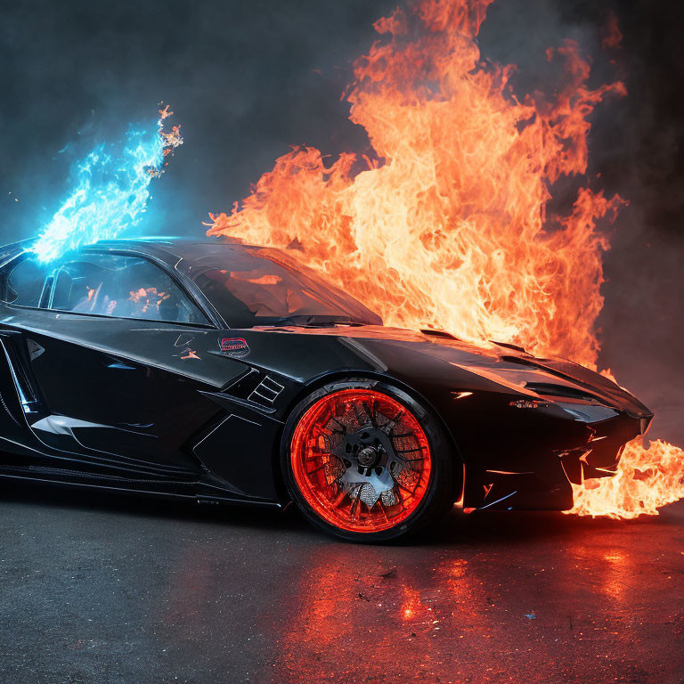 Black sports car with red accents engulfed in flames and smoke.