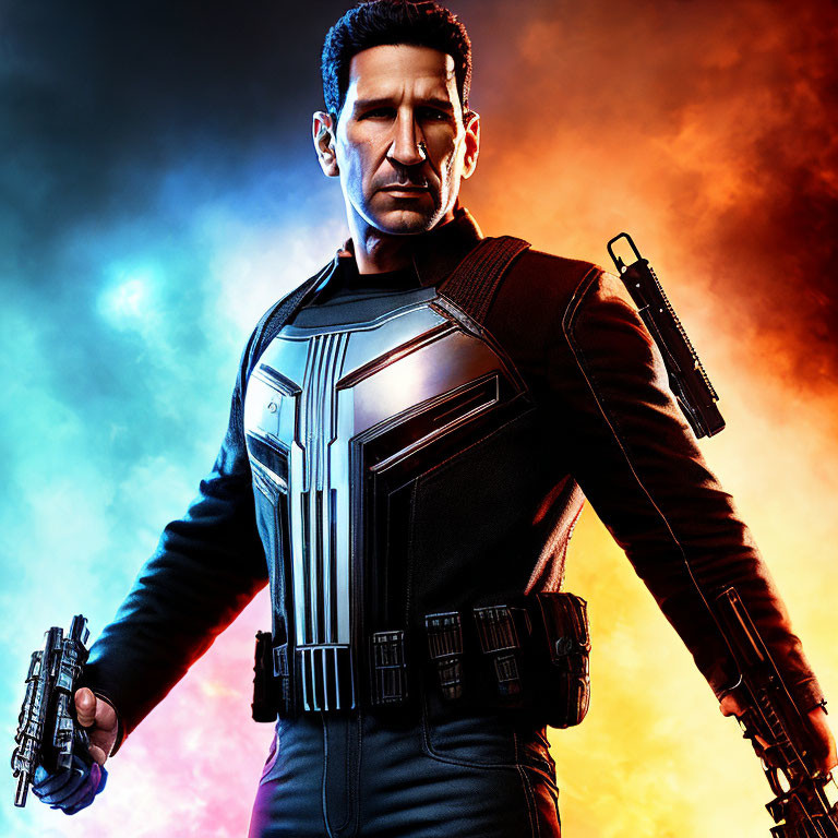 Futuristic man in black armor suit with guns in hands against vibrant smoke background