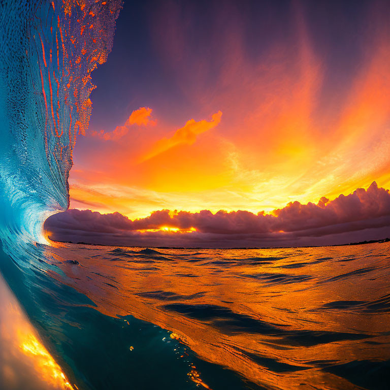 Ocean wave sunset reflecting vibrant yellows and oranges in cloudy sky