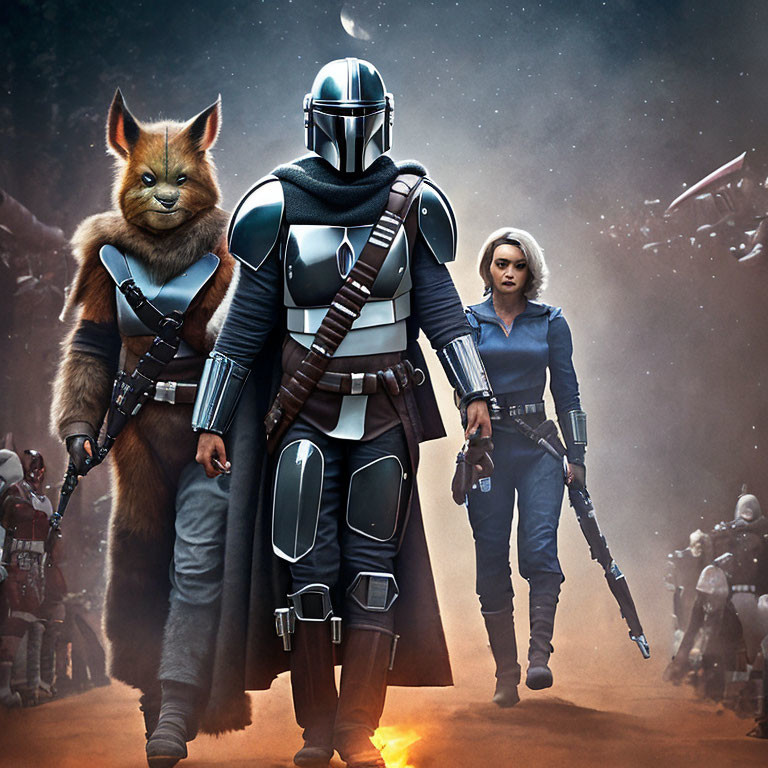 Sci-fi characters in Mandalorian armor with white-haired companion and fox-like creature in space battle.