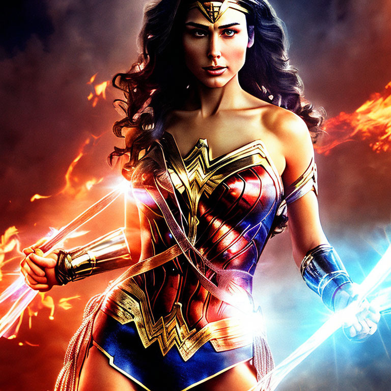 Female superhero with tiara wields glowing Lasso of Truth against fiery backdrop