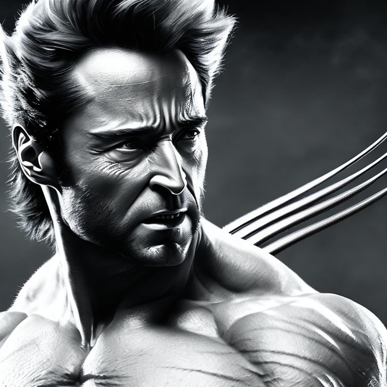 Monochrome Male Character Art with Adamantium Claws and Fierce Expression