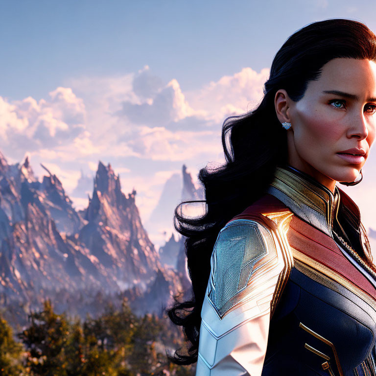 Dark-haired woman in futuristic armor against sunset mountains