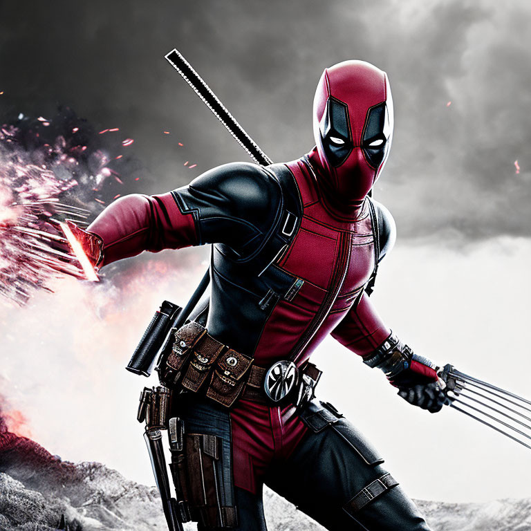 Marvel character in red and black suit with sword, amidst explosive background