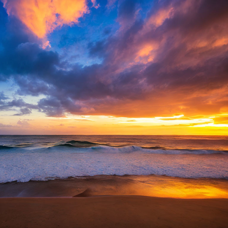 Vibrant Beach Sunset with Purple Clouds and Golden Horizon