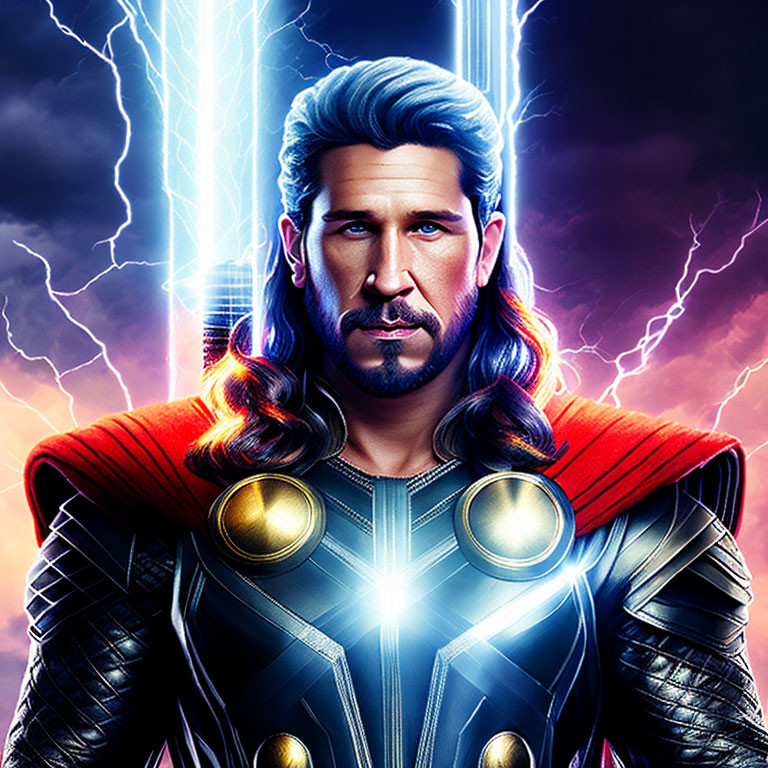 Male superhero with red cape and glowing emblems in stormy background.