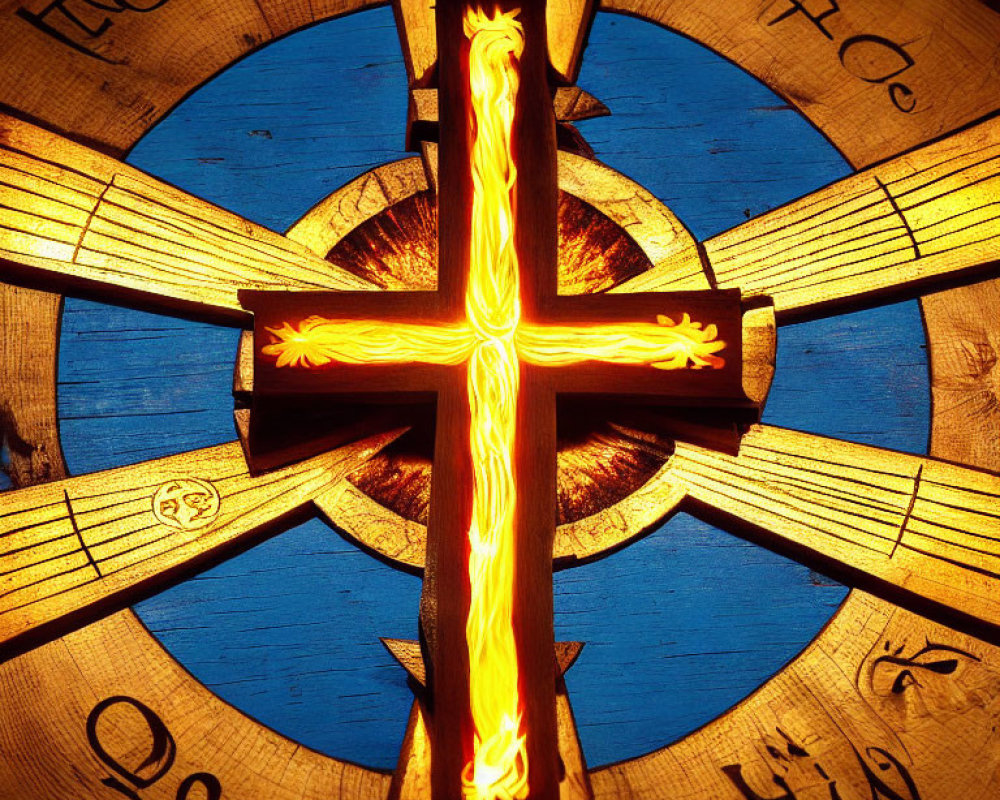 Glowing wooden cross on circular background with inscribed symbols