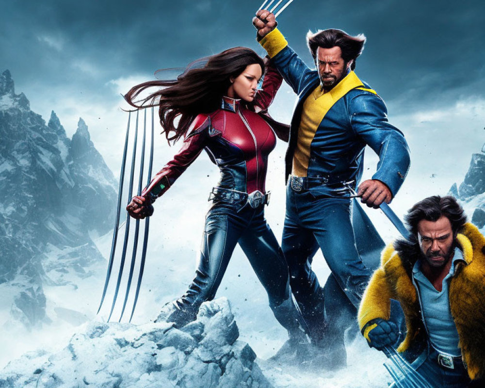 Comic book characters in dynamic poses with metal claws in snowy mountain scene