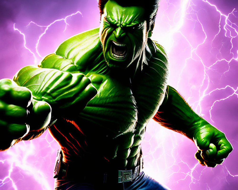 Green Muscular Superhero with Angry Expression and Claws in Purple Lightning Background