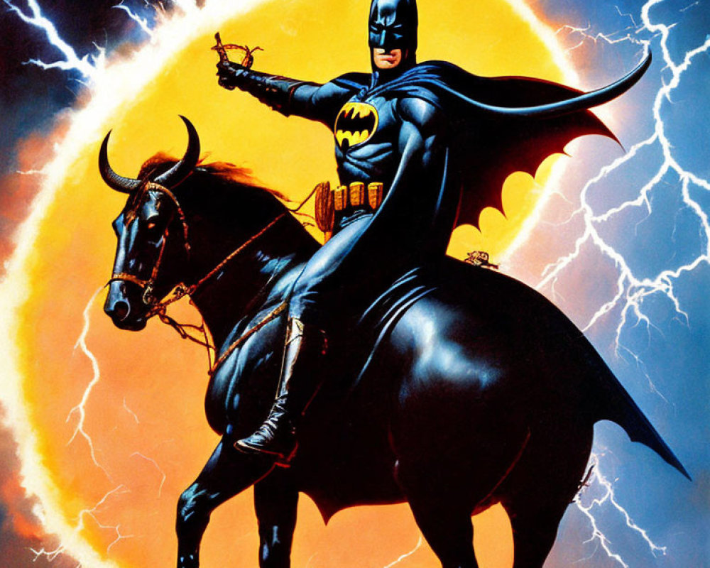 Superhero in Bat-Themed Costume Riding Bull with Lasso in Stormy Scene