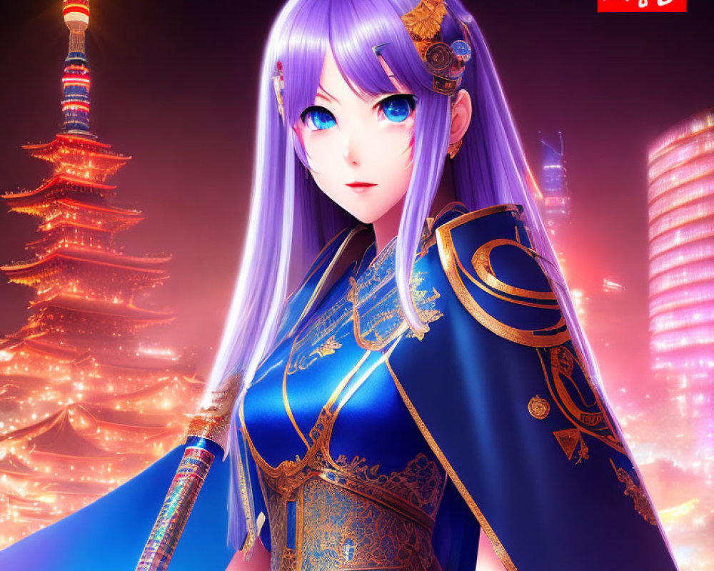 Purple-haired female character in blue & gold outfit against Asian pagoda backdrop