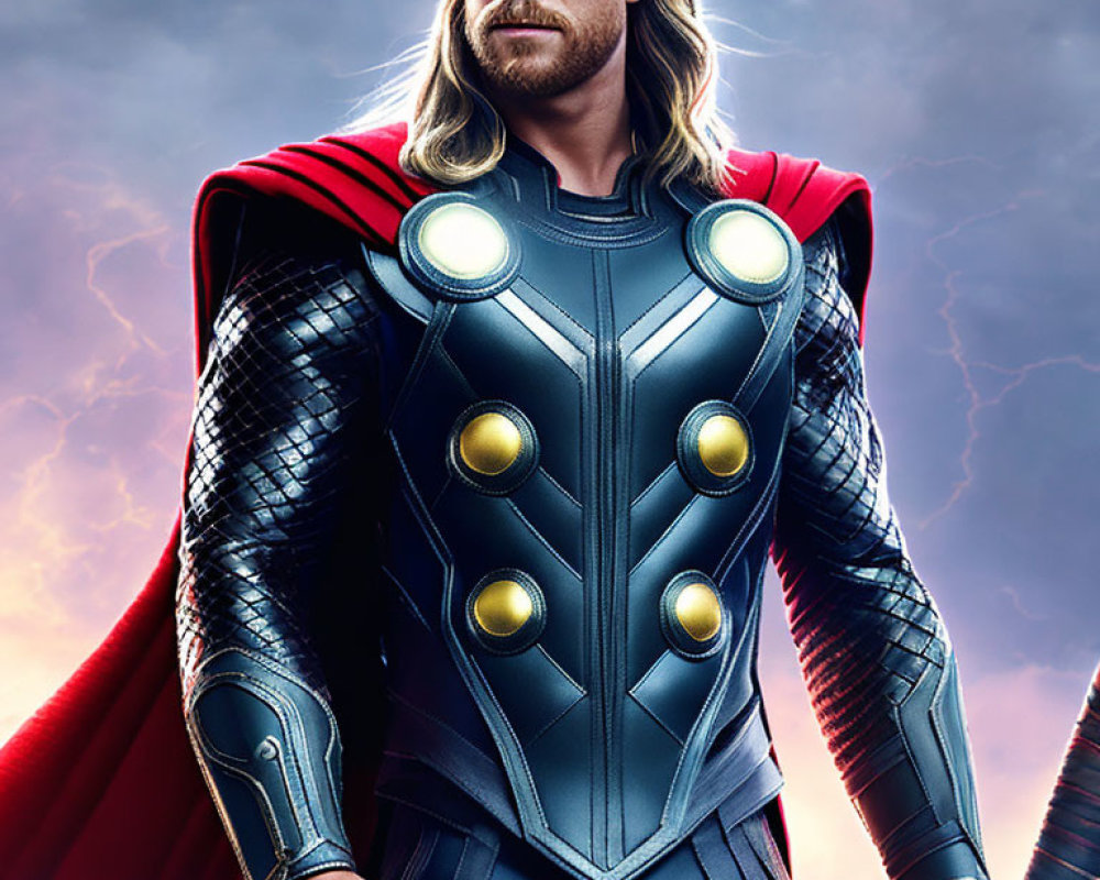 Blond-Haired Superhero in Detailed Armor with Red Cape Against Stormy Sky