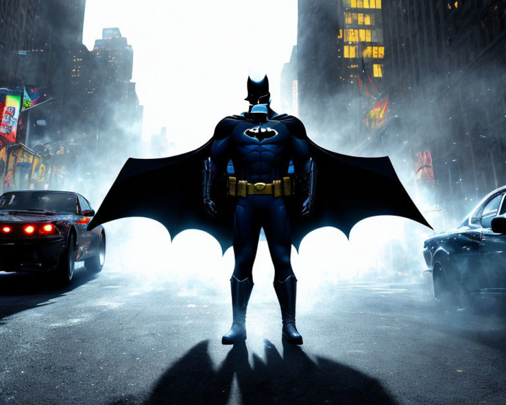 Dark city street at night: Batman with dramatic backlighting