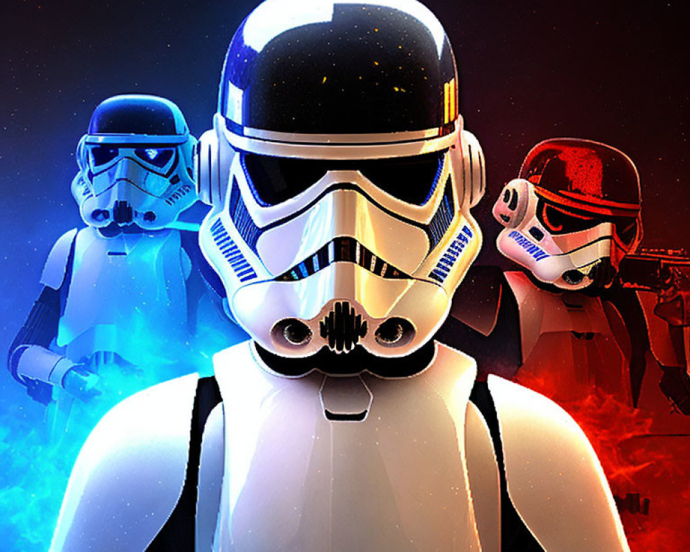 Three stormtroopers against red and blue nebulous backdrop.