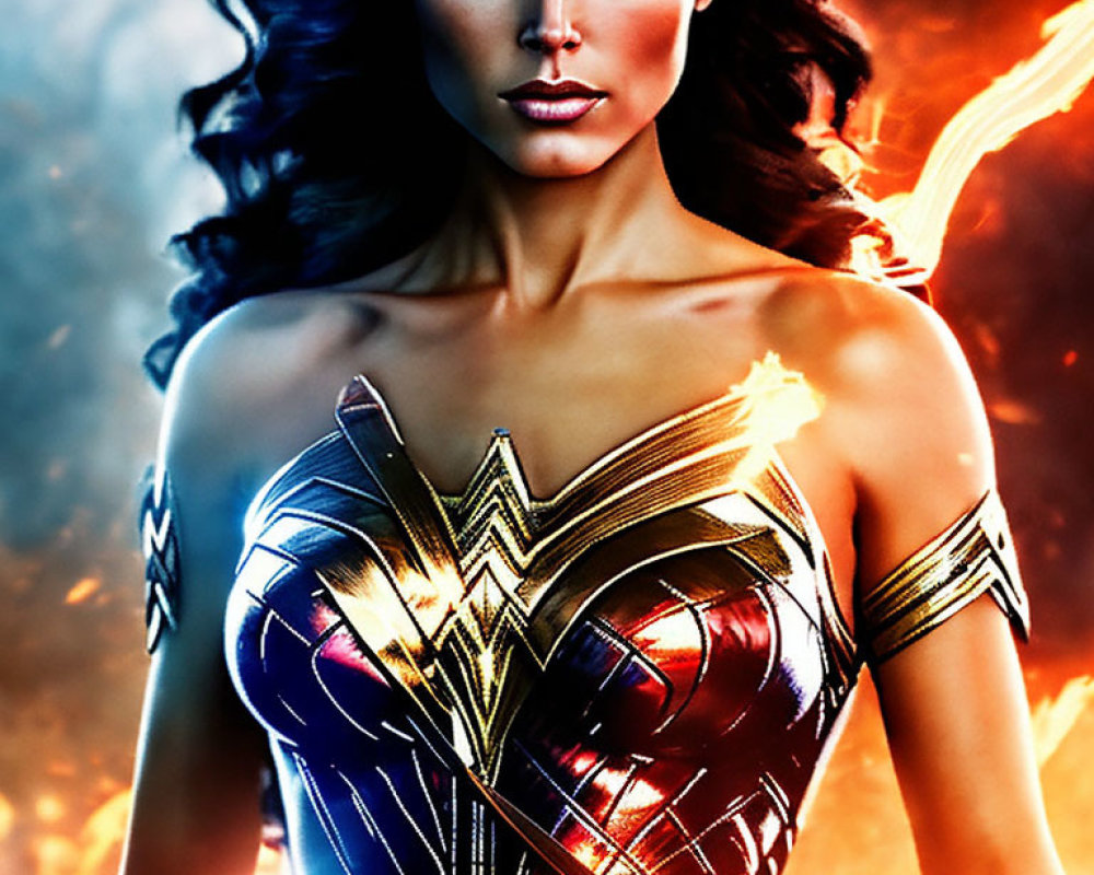 Close-up of fierce woman in Wonder Woman costume with glowing lasso on fiery backdrop