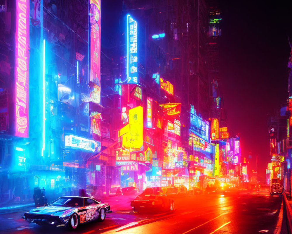 Neon-lit streets at night with retro-futuristic car under urban lights