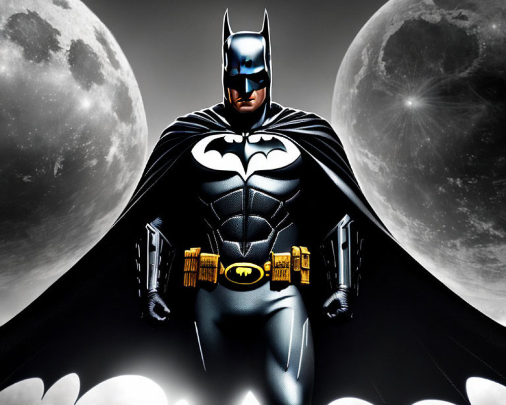 Iconic Batman in heroic pose under two moons.