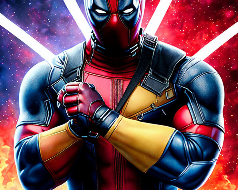 Masked superhero in red and black suit with humorous stance in cosmic backdrop.